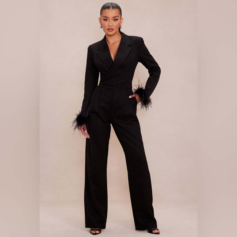 Feathered Cuff Blazer Jumpsuit - Black